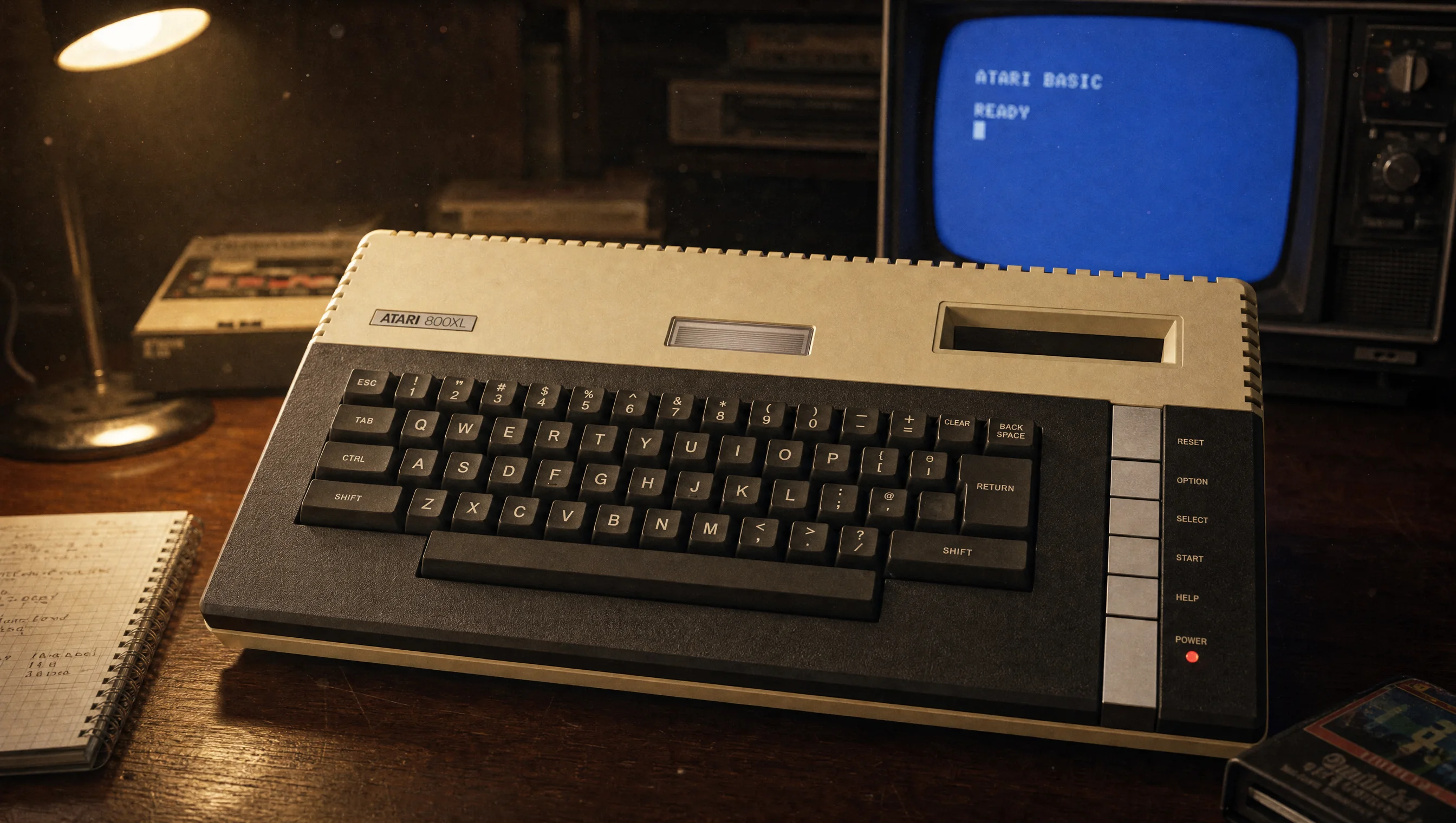 Atari 800XL na drewnianym biurku, w tle monitor CRT z napisem ATARI BASIC