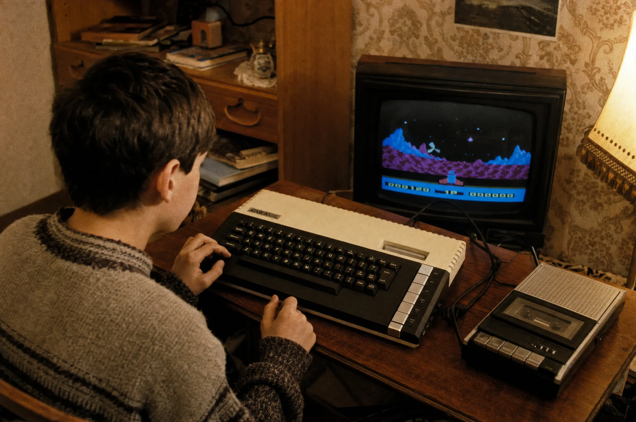 Chłopiec przy 8-bitowym komputerze z magnetofonem i telewizorem, pokój z lat 80.