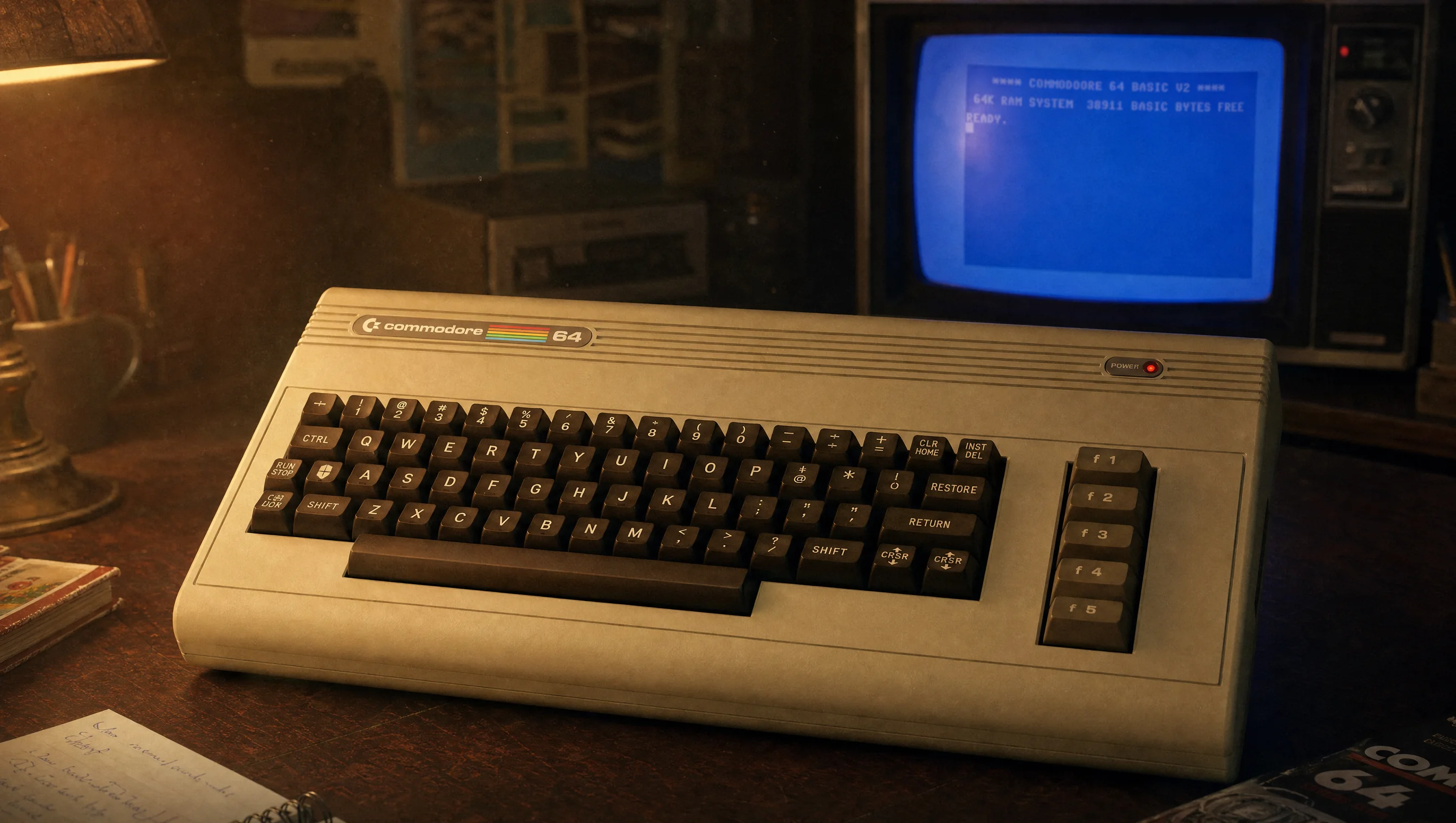 Commodore 64 na biurku, w tle monitor CRT z ekranem startowym BASIC