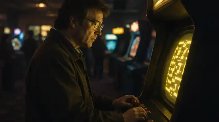 Mężczyzna po czterdziestce przy automacie arcade, twarz oświetlona żółtym światłem ekranu