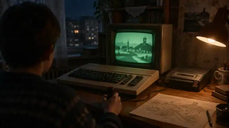 Chłopiec z joystickiem przed zielonym monitorem monochromatycznym, obok Atari 800 XL, magnetofon i mapa narysowana ołówkiem