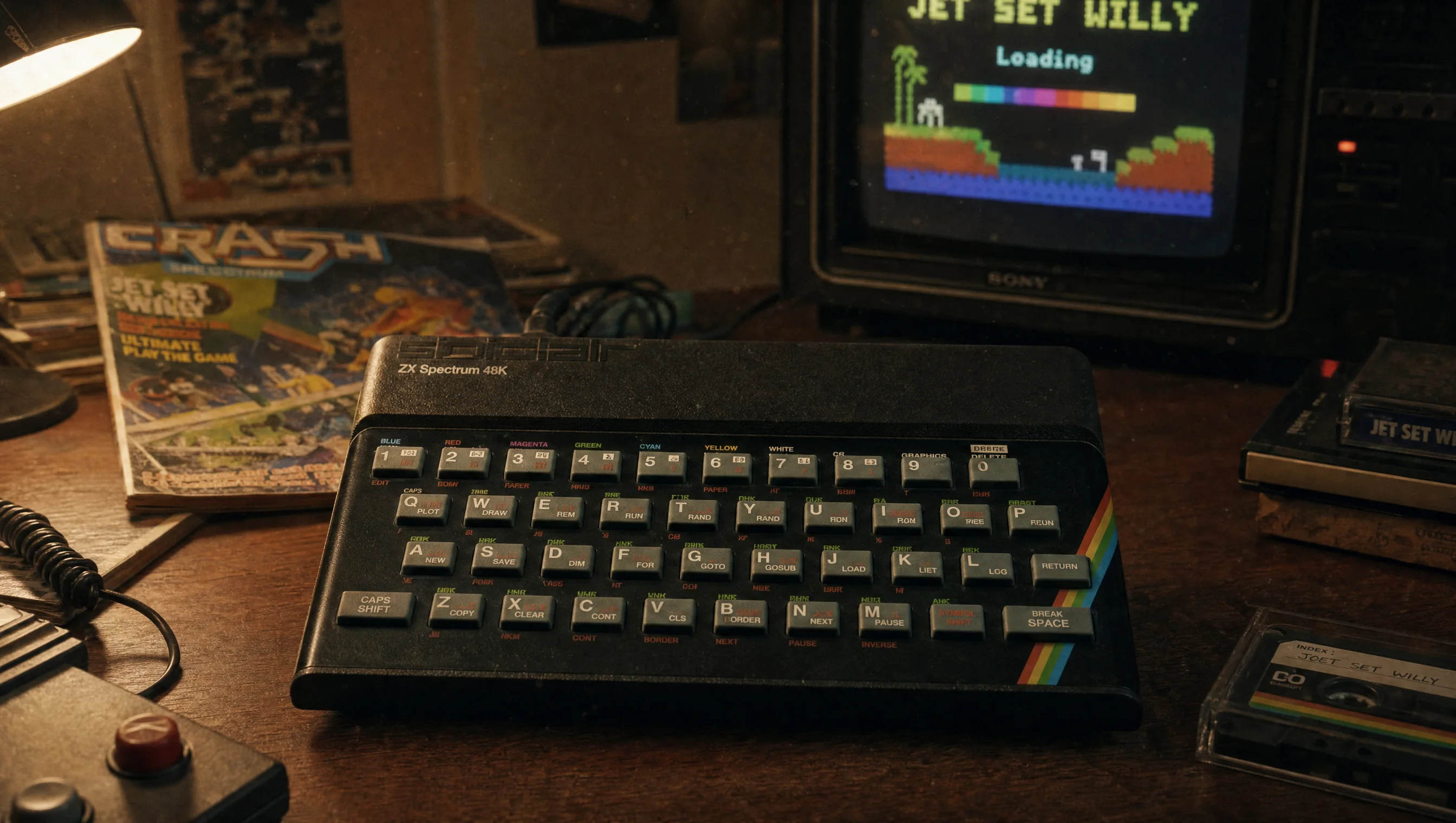 Sinclair ZX Spectrum 48K na biurku, w tle telewizor z ekranem ładowania