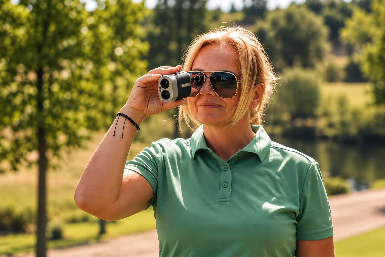 Natalia Adamczak z dalmierzem na polu golfowym