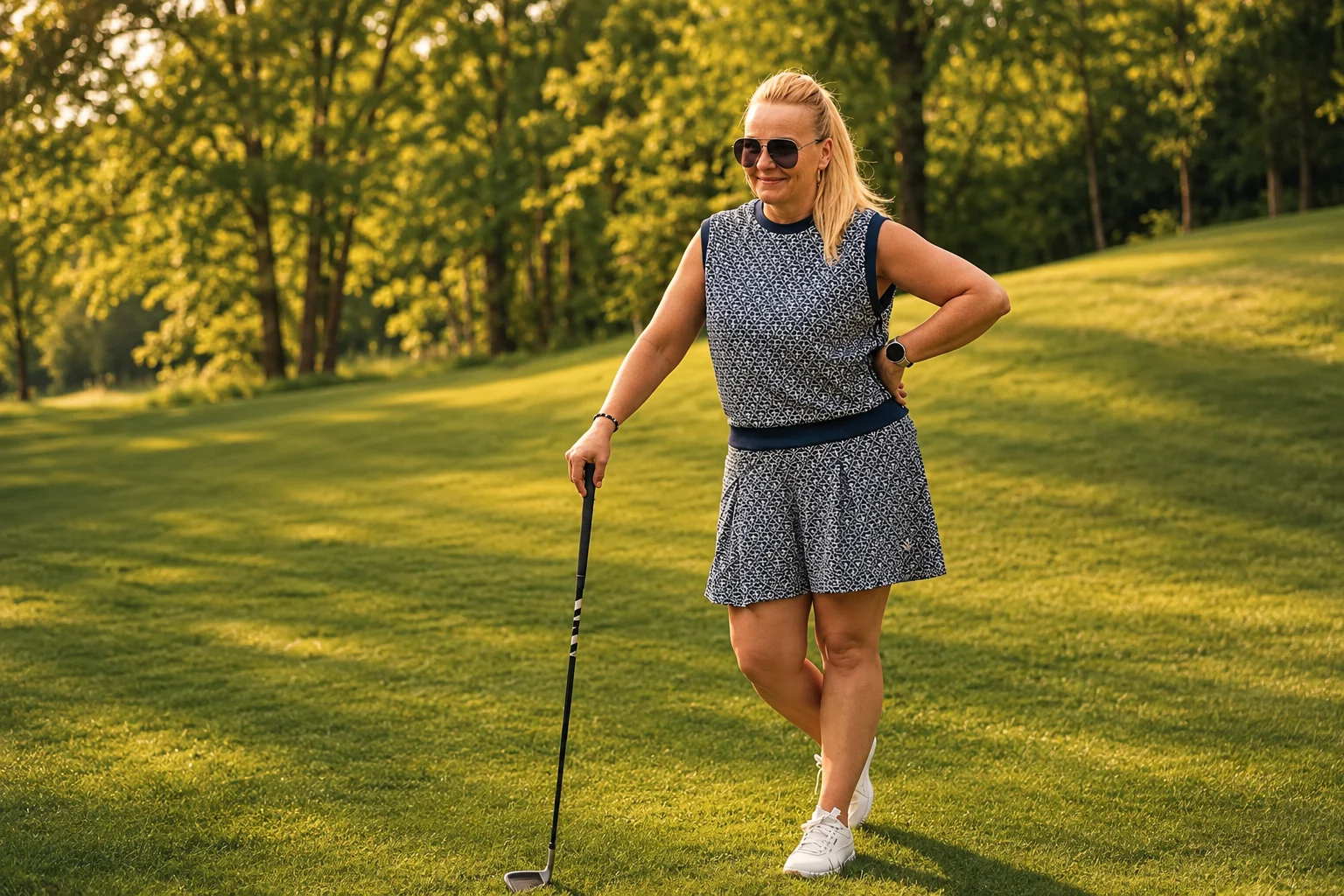 Natalia Adamczak na polu golfowym o złotej godzinie